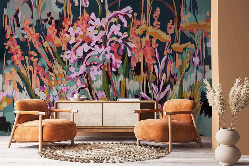 Abstract floral mural featuring pink, orange, and green colors.