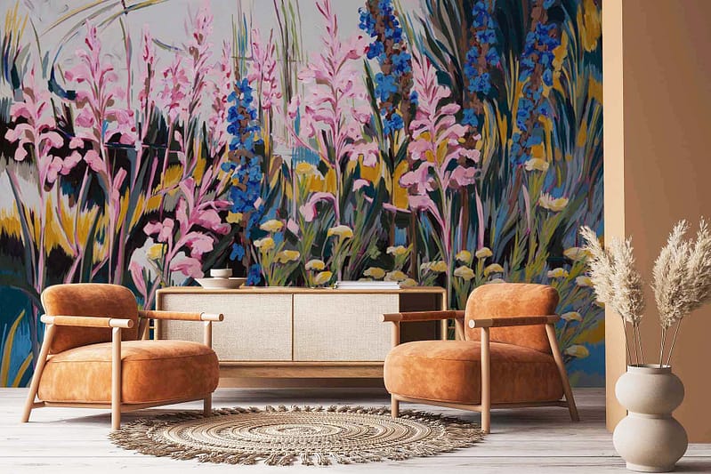 A vibrant mural featuring tall pink and blue Abstract Pincushion Proteas.
