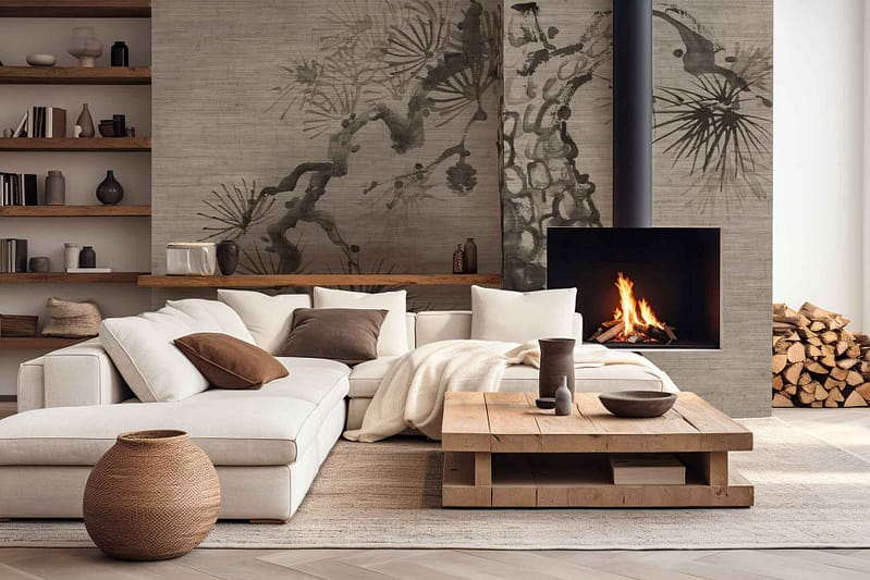 A modern fireplace is integrated into a textured wall featuring an artistic Japanese nature mural, characterized by intricate details of cherry blossoms, bamboo, and serene mountain scapes in a palette of soft pastels, rich greens, and earthy browns.