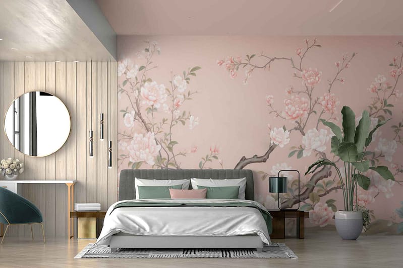 The wallpaper titled "Dream of Roses" features blooming flowers in soft, dreamy hues. Predominantly showcasing shades of blush pink, pastel peach, and creamy ivory, the mural brings a tranquil yet vibrant feel to the room. Green leaves interspersed among the roses add a touch of natural freshness. The design is delicate and romantic, making it an eye-catching focal point for any space.