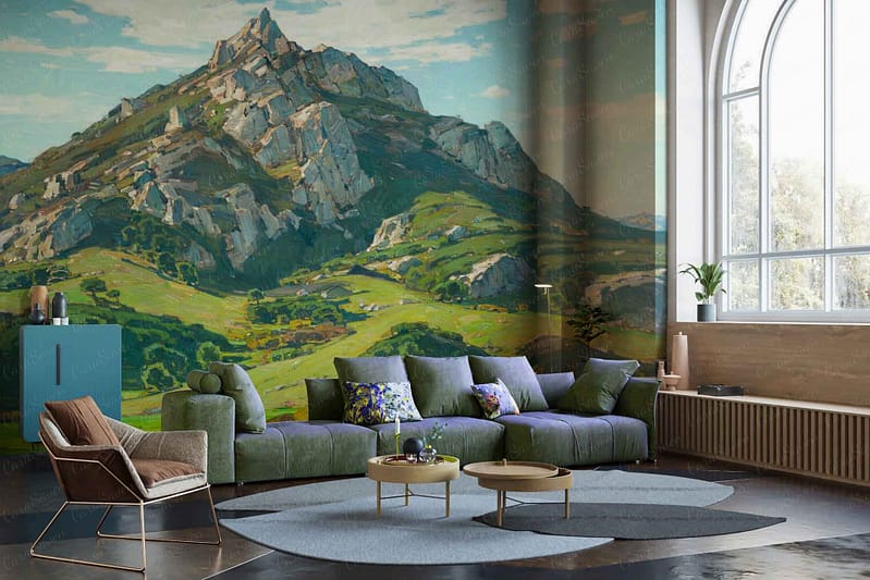 Mountain landscape mural: serene, large. Elements: mountains, trees, sky. Colors: blues, greens, white. Prominent natural scenery creating a calming backdrop.