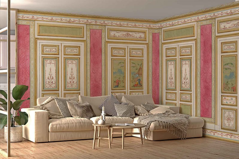 An elegant living room features ornate wall paneling in cream, green, and pink hues reminiscent of 18th-century France. The wallpaper showcases intricate floral patterns, subtle gold accents, and delicate motifs reflecting period elegance. Cream base with green vines and pink blossoms topped with light golden details create a refined, vintage ambiance suitable for settings inspired by French opulence.