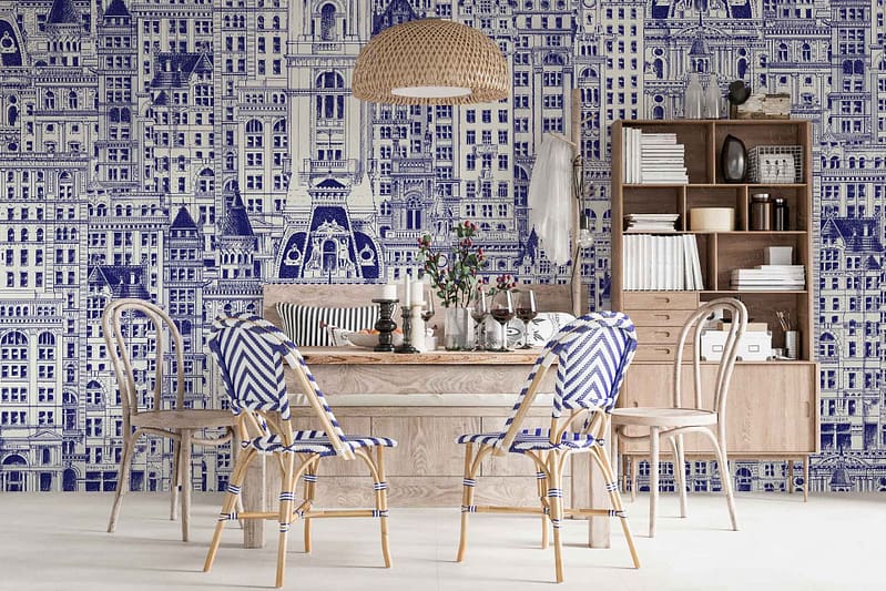 The wallpaper is a detailed blue-and-white cityscape mural, depicting neighbors living harmoniously. It features intricate city elements, and the dominant colors are different shades of blue and white.