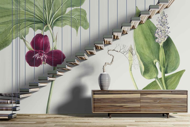 The wallpaper showcases large, vibrant botanical illustrations inspired by 18th-century French history. Key elements include a deep red flower and lush green leaves.