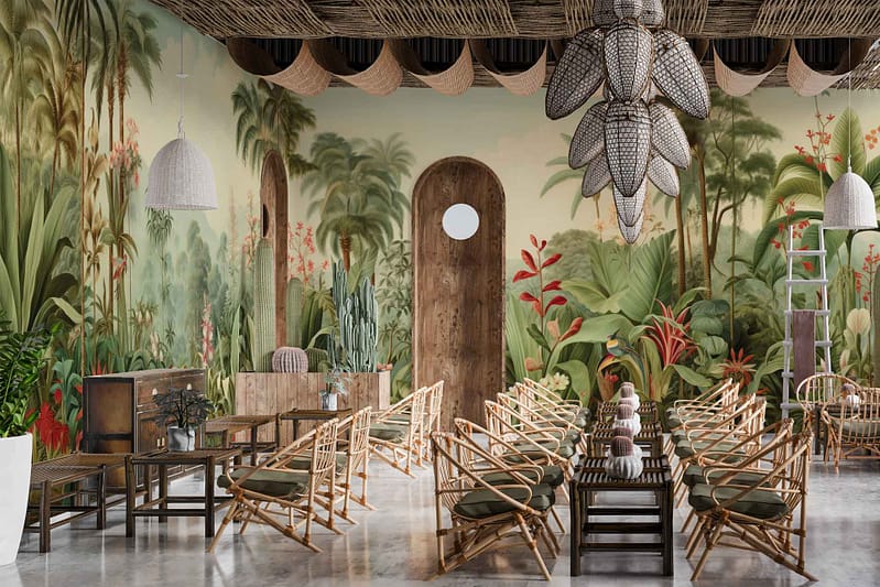 The wallpaper features vibrant murals of green foliage and tropical plants. Key elements include lush palm leaves, exotic flowers in shades of vibrant reds, oranges, and yellows, and intertwining vines. The dominant color palette comprises rich greens with accents of earthy browns and occasional bright splashes from the tropical blooms.