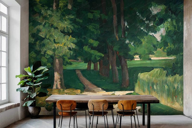 Lush forest path mural with greenery, trees, and serene atmosphere. Shades of green, brown trunk patterns, dappled sunlight effects.