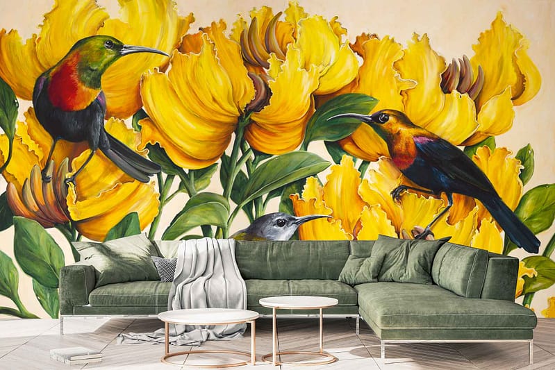 Vibrant mural features large yellow flowers and colorful birds radiating eternal sunshine.