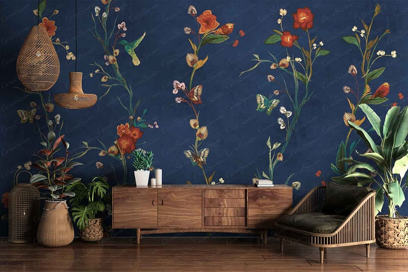 The wallpaper showcases a dark blue background adorned with elegant floral and butterfly patterns. The intricate florals feature various shades of white, cream, and light pink, while the butterflies present delicate touches of yellow and soft lavender. This sophisticated design brings a lively yet serene atmosphere to the room.
