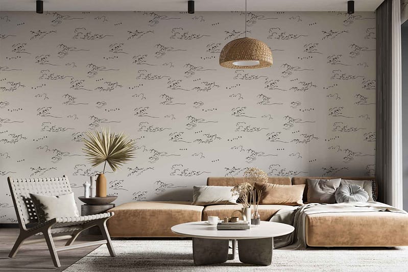 The wallpaper features light, nature-themed elements inspired by Japanese waves, with intricate patterns in shades of soft blue and white.