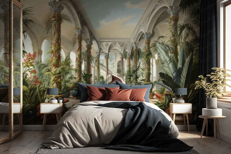 The wallpaper displays a stunning mural of the Palace of Dreams, featuring ornate tropical-themed elements with lush greenery and towering columns. It showcases intricate designs in vibrant greens, soft golds, and earthy browns.