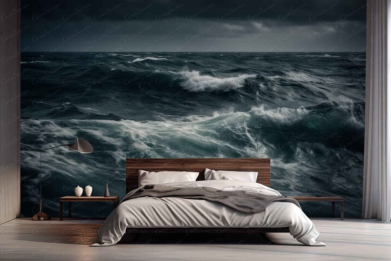 The wallpaper in the serene bedroom features a dramatic mural of rough seas. It showcases turbulent waves, deep blues, and foamy whites, creating an intense and dynamic backdrop.