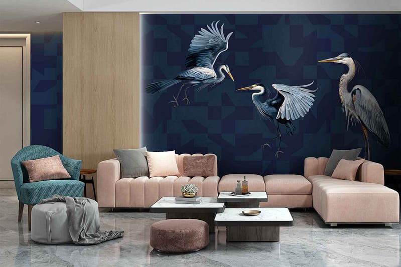 Wallpaper features: elegant herons in flight, deep blue geometric background.