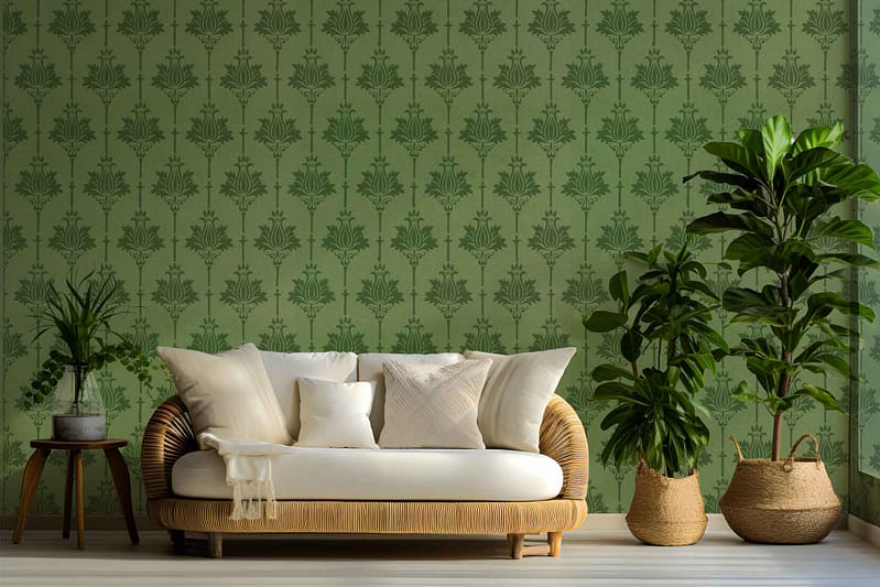Green wallpapered wall with a leaf pattern