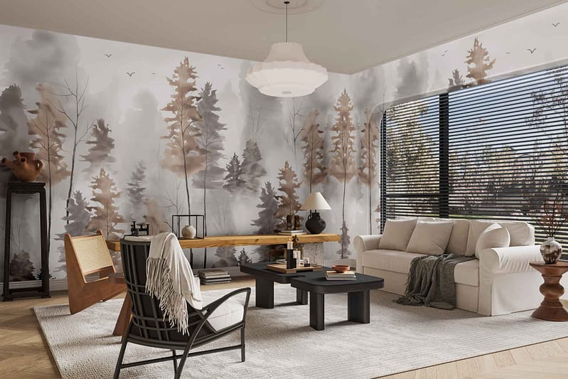 Modern living room nature-themed mural features a serene forest scene. The wallpaper depicts tall trees with lush green leaves, brown trunks, and subtle shadows to create depth. Earthy hues of green and brown dominate the mural, interspersed with dappled sunlight filtering through the canopy. Neutral tones blend seamlessly to enhance the tranquil atmosphere.