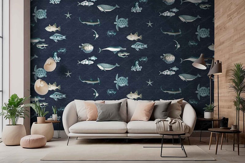 Dark blue wallpaper with aquatic theme: fish, sea turtles, octopuses, starfish. Thin patterns for depth and elegance.