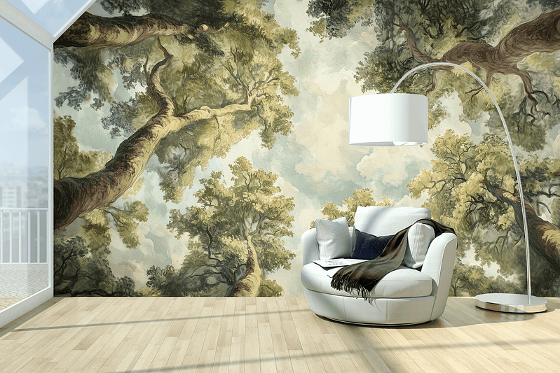 The wallpaper features a mural of trees with lush green leaves and branches, creating a canopy effect. Hints of blue sky peek through the foliage, enhancing the outdoor tranquility. Elements include varying shades of green, brown tree trunks, and patches of clear blue sky. The design evokes a serene woodland scene.