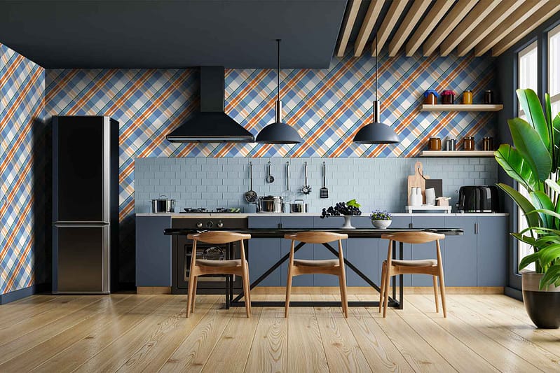 The wallpaper features a modern blue and orange plaid pattern. The design harmonizes vibrant blue and energetic orange hues in a plaid arrangement, creating a dynamic backdrop.