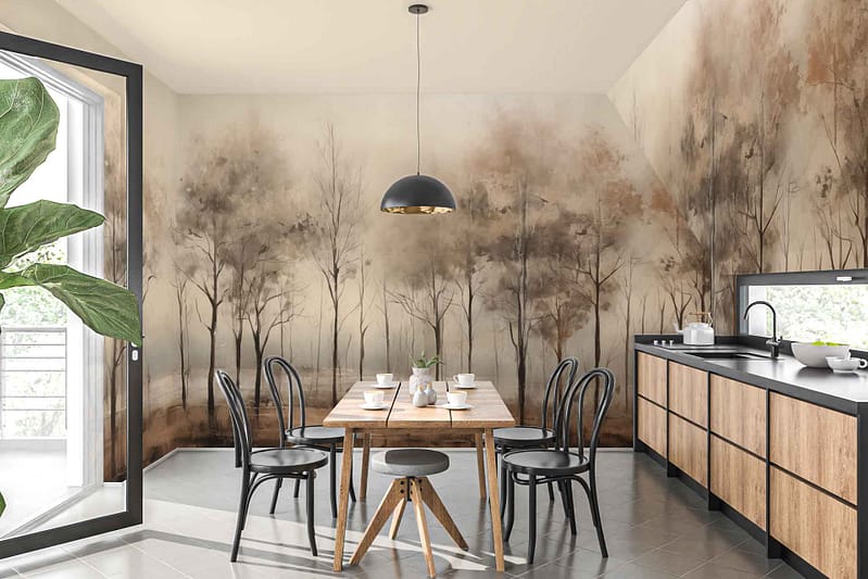Nature-themed mural: trees, green foliage, brown trunks, white and light gray sky. Natural elements highlight the earthy tones and serene atmosphere in the wallpaper.