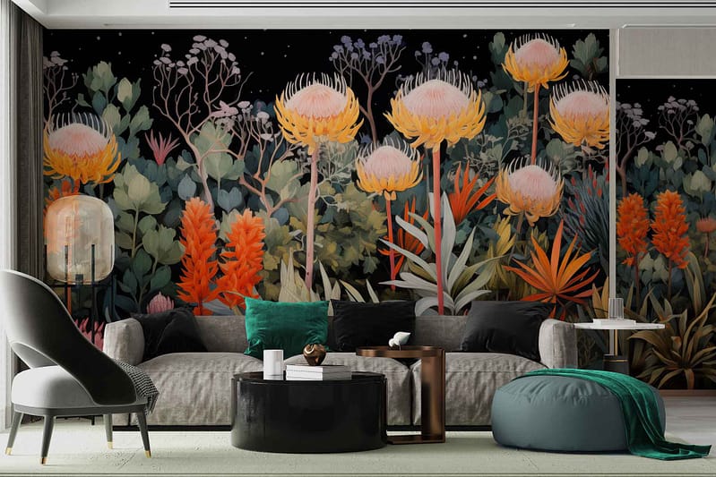 A vibrant mural of large, colorful flowers and foliage in shades of yellow, orange, and green creates a lively backdrop.