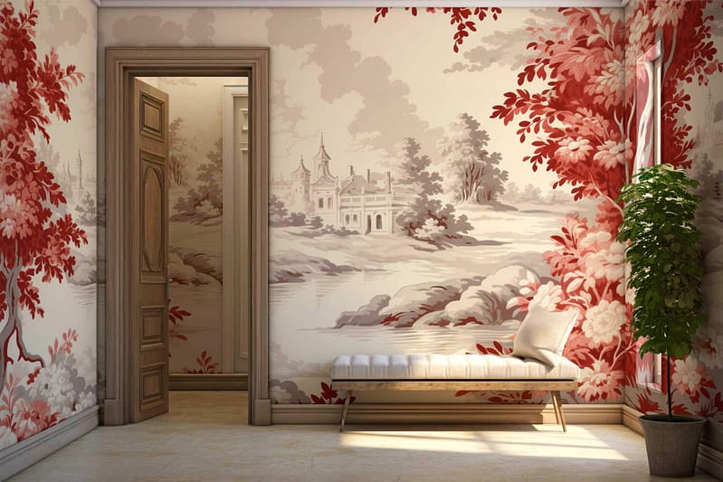 Classical scenic wallpaper featuring "My Village" in serene red and grey tones with detailed depictions of village life, trees, buildings, and countryside scenes. Elegant and timeless design perfect for creating a cozy atmosphere.