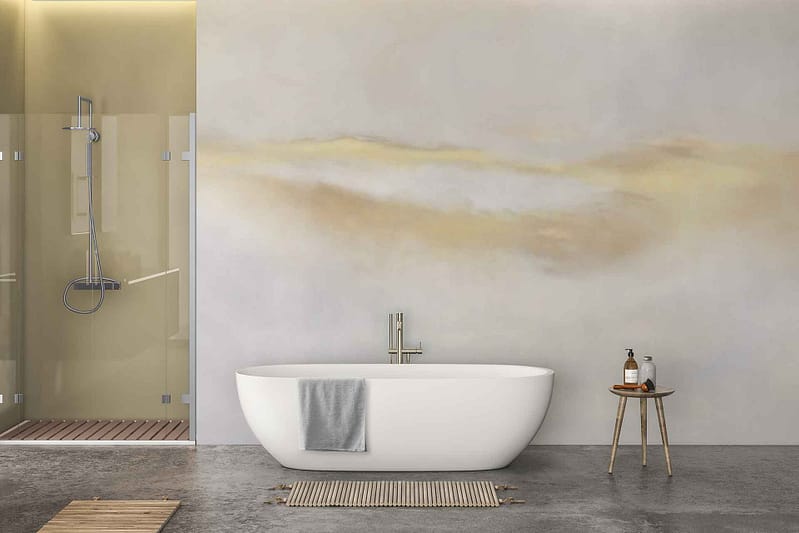 The wallpaper features a minimalist botanical design with delicate green leaves and branches on a white background. The subtle pattern adds a touch of nature-inspired elegance, complementing the modern bathroom's serene atmosphere.