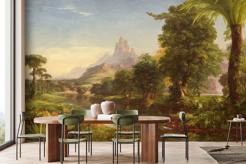 Panoramic mural of lush, mountainous dreamland; features trees, water, distant peaks. Colors: greens (foliage), blues (water and sky), earthy browns (mountains and tree trunks), subtle grays and whites (distant peaks). Serene, natural atmosphere.