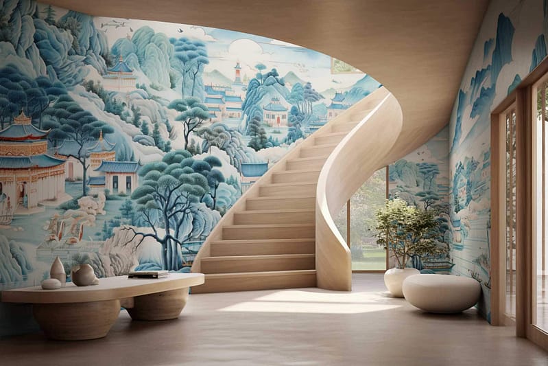 The wallpaper features a mural of traditional Asian landscapes, showcasing serene scenes from "My Village." It includes elements like gentle hills, tranquil rivers, delicate cherry blossoms, and rustic houses. The color palette is composed of soothing hues such as soft greens, muted blues, warm earth tones, and subtle pinks. This picturesque design brings a calming ambiance to the room.