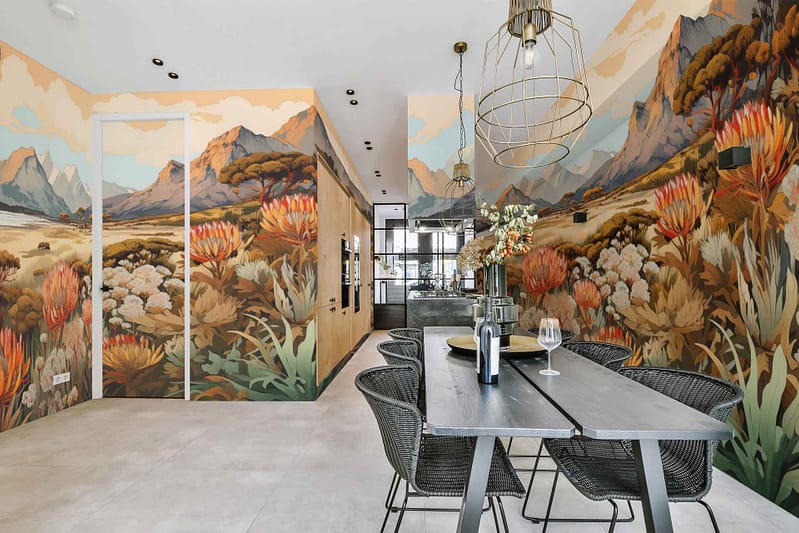 Large mural, colorful mountains, flowers, vibrant colors, nature scenery.