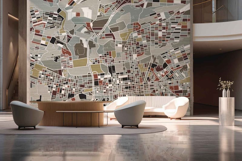 Abstract city map mural with geometric lines and shapes in various shades of blue, gray, and white. The design includes intricate street patterns and notable landmarks in muted tones, creating a modern yet tranquil ambiance.