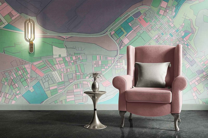 A colorful map design featuring vivid blues, greens, yellows, and reds with intricate geographical patterns.