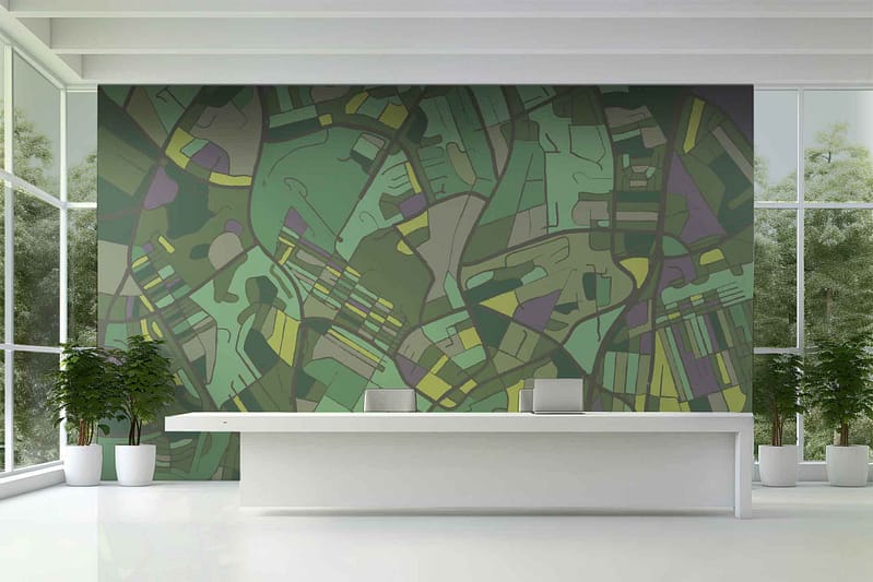 Abstract green mural, jungle vibe, large leaves, deep greens, light greens, organic shapes, nature-inspired design.