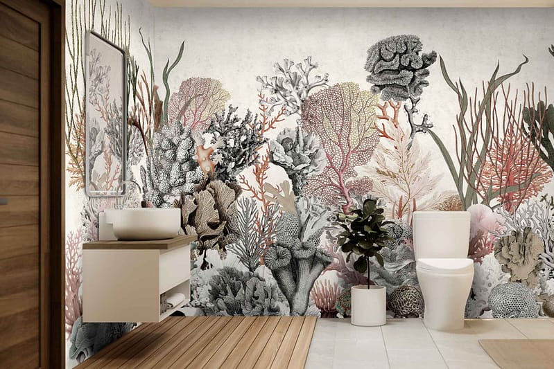 The wallpaper in the modern bathroom features vibrant coral reef-themed designs. It includes intricate details of coral formations and seaweed in various colors such as vivid reds, oranges, pinks, deep blues, aqua greens, and soft yellows. The blend of these elements creates a lively underwater scene that brings the ocean's beauty to the walls.
