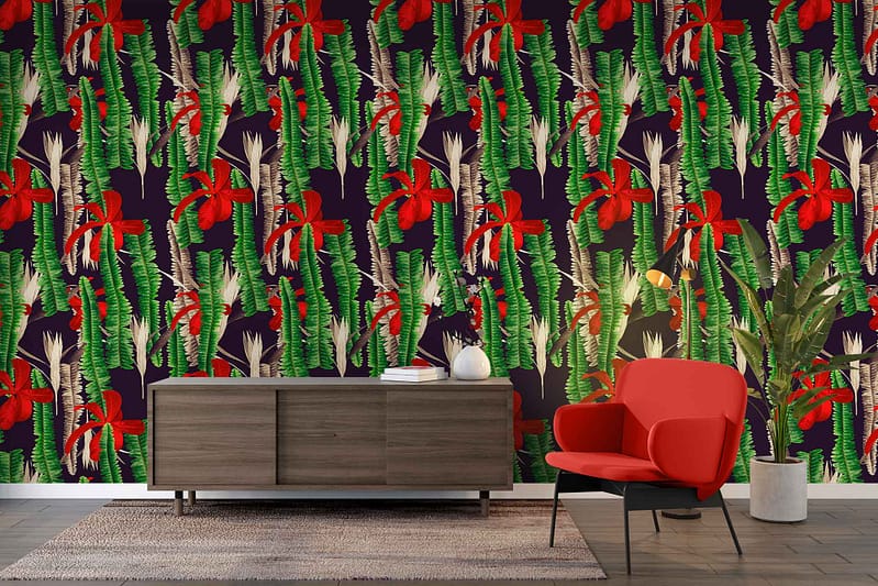 Dark tropical-themed wallpaper with green leaves and red flowers, evoking an African dream.
