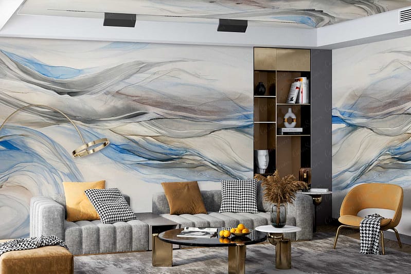 Abstract wave-like wall and ceiling designs in soothing blue and beige tones.