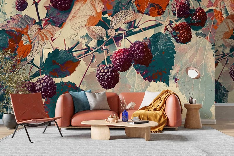 A large mural of vibrant blackberries and leaves. Colors: deep purple, rich green. Keywords: blackberry mural, leaf wallpaper, vibrant colors.