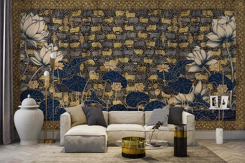 A large, intricate tapestry featuring lotus flowers and lily pads as the backdrop; colors include shades of green, pink, white, and subtle gold accents.