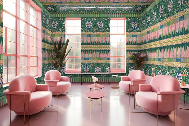 The wallpaper is patterned with intricate designs in vibrant green and pink colors.