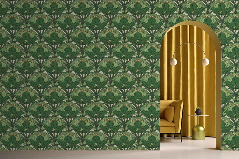 The green floral-patterned wallpaper features lush, intricate designs with shades of vibrant green and delicate blossoms. The patterns include hints of golden-yellow accents, interwoven vines, and occasional touches of soft white petals.