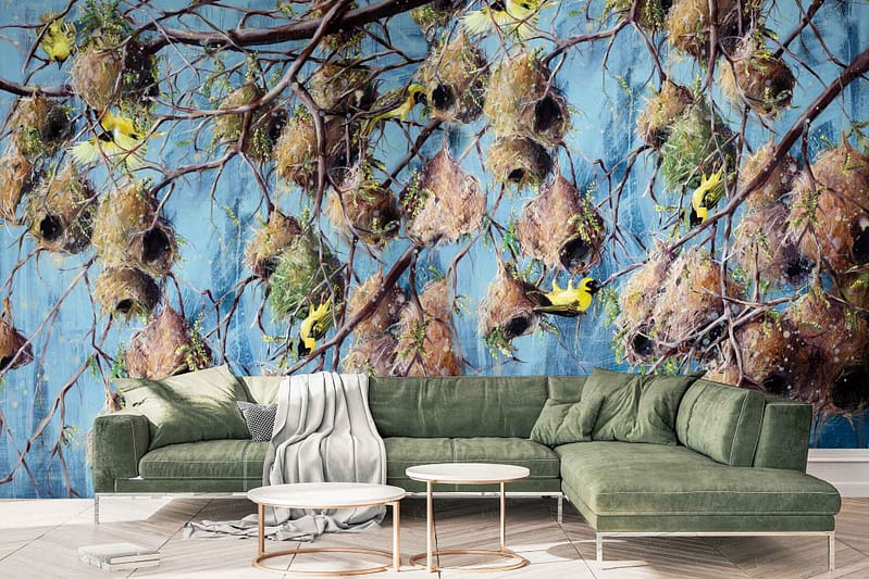 The wallpaper features a mural of multiple birds' nests hanging from tree branches. The background evokes serene blue skies, with soft gradients of light to deep blue hues. The nests and branches are detailed in natural shades of brown, gray, and hints of green for foliage accents. Overall, the scene brings a sense of tranquility with its lifelike depiction and calming color palette.
