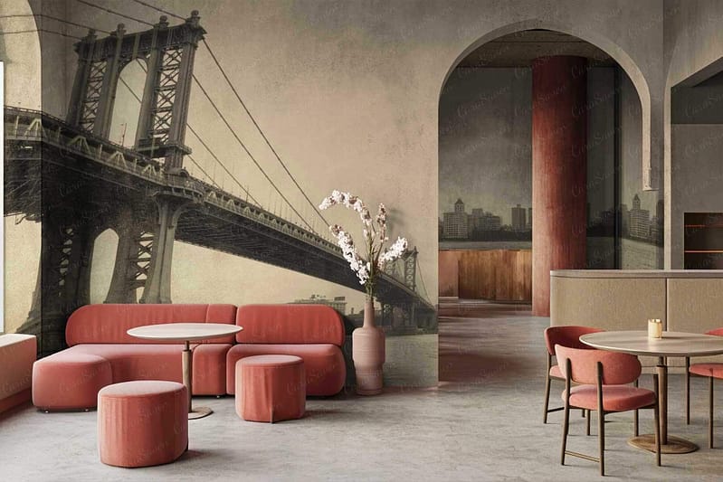 The wallpaper features a vibrant mural with shades of blue, green, and yellow, depicting a bridge and flowing water. It includes abstract patterns, geometric shapes, and inspirational text that reads "Build a Bridge." The design is modern with bold lines and dynamic movement.