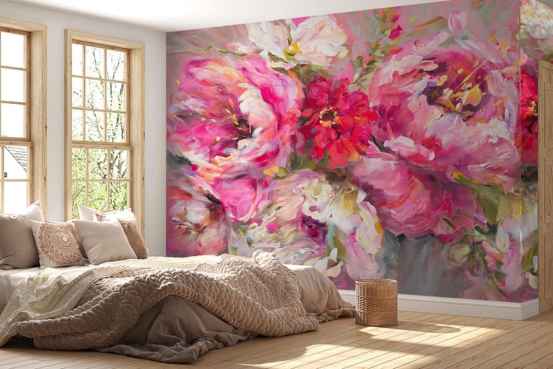 Floral mural in shades of pink, white, and green.