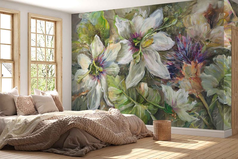 Artistic mural on the back wall features large, vibrant PassiFlora flowers in shades of white, green, and purple.