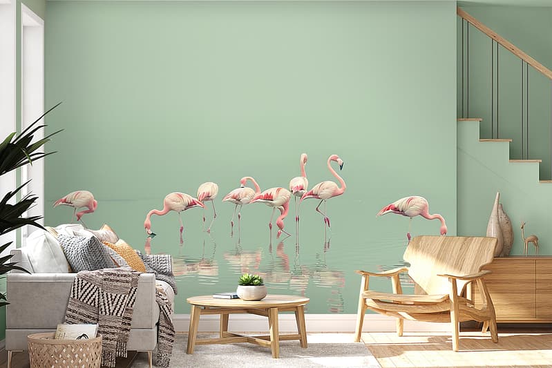 A serene living room features a wall mural with pink flamingos wading in water against a light green background. Elements include flamingos, water reflections, and shades of pink and green.