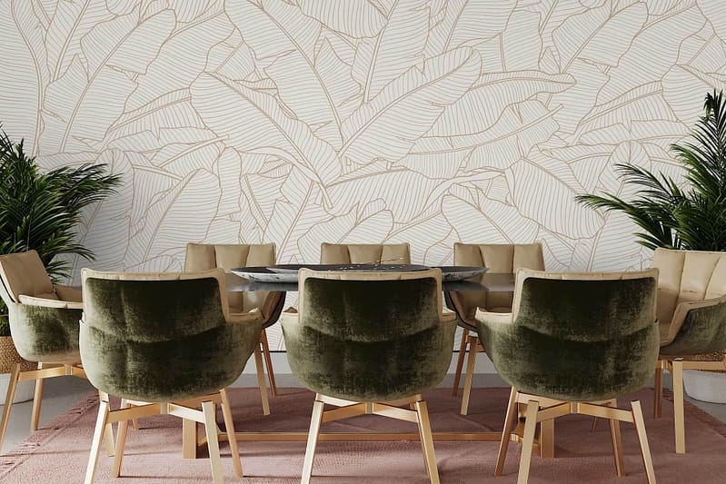 Tropical leaf-patterned wallpaper featuring various shades of green, intricate leaf details, and vibrant tropical flora.