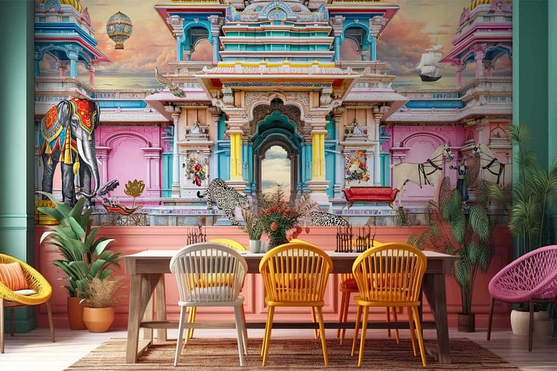 The wallpaper showcases a large mural of an ornate, colorful Indian-style architectural scene. It features animals like an adorned elephant and leopards amidst intricate patterns. The colors are rich and varied, including vibrant shades of red, blue, green, gold, and orange.