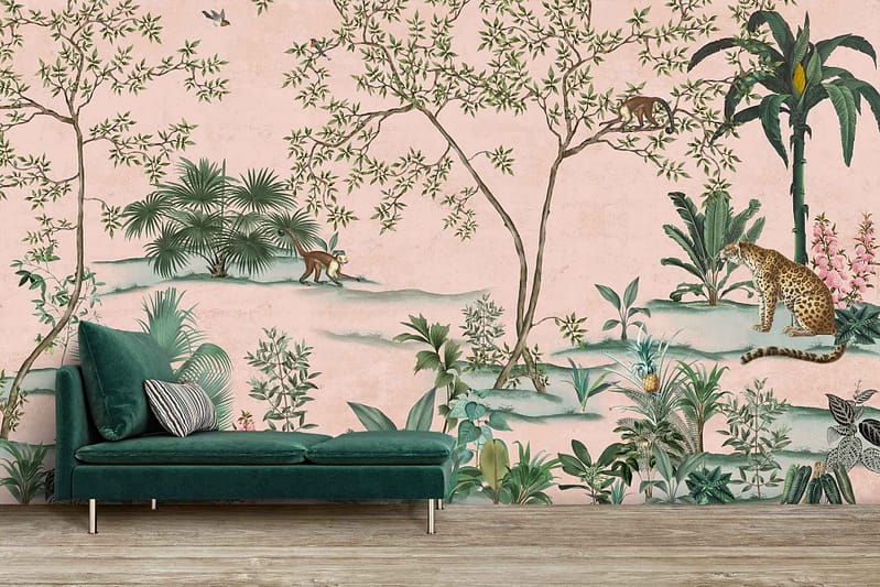Pink wall with jungle-themed mural: trees, leaves, monkeys, birds, leopard; lush greenery. Bright and vibrant colors including shades of green, brown, yellow, and hints of red and blue.