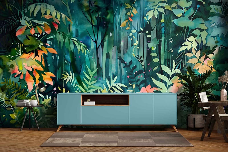 The vibrant, jungle-themed wallpaper showcases lush green foliage, tropical leaves, exotic flowers in shades of red and orange, and hidden wildlife elements like birds and butterflies amidst the greenery.