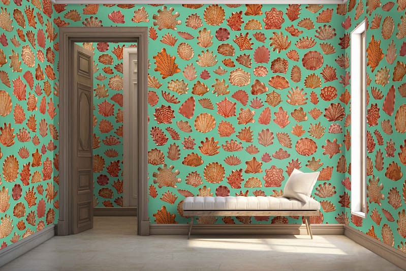 The wallpaper features a vibrant leaf-pattern design with dominant hues of orange and red, creating an eye-catching contrast against the turquoise walls. The pattern consists of various leaf shapes, intricately interwoven in a dynamic and lively arrangement. The rich colors and natural motifs inject warmth and energy into the space.