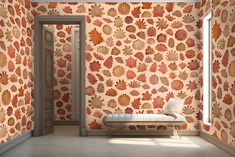 The wallpaper features a pattern of various autumn leaves in shades of orange, brown, and red.