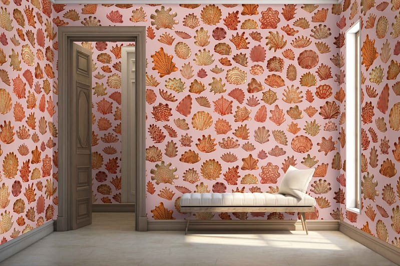 The wallpaper is pink, decorated with autumn leaves of various shapes and colors. The leaves include shades of orange, red, yellow, and brown.